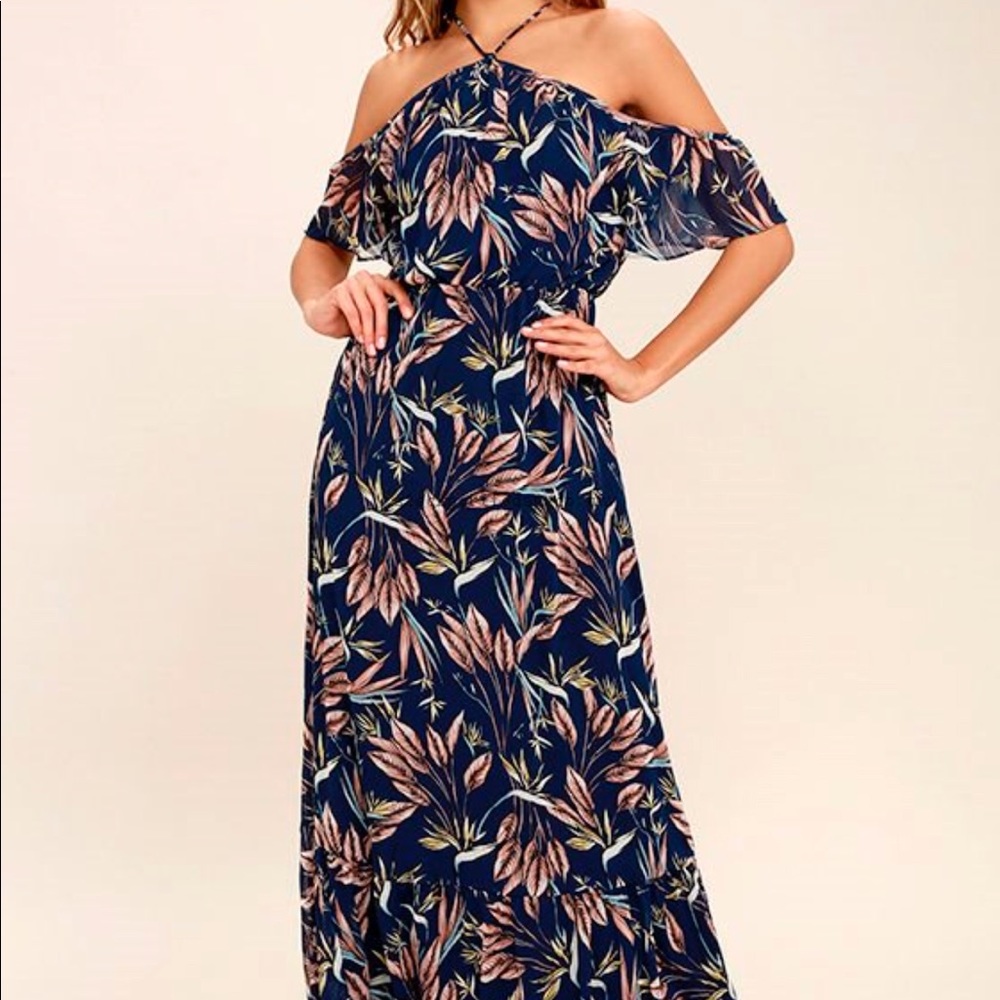 Lulus Dreamy Navy Blue Dress - Off-the-Shoulder